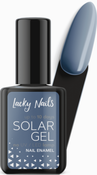 Lacky Nails Solar Gel nail enamel #28 Harlow Sky, dusty blue bottle & swatch, front view. No UV lamp.