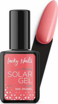 Lacky Nails Solar Gel nail enamel in a coral pink bottle with a black cap, shown with a detached color swatch. No UV/LED lamp needed.