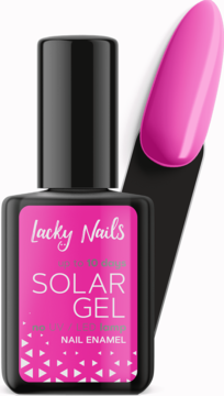 Różowy lakier Lacky Nails Solar Gel nr 30 hot pink w butelce, widok z przodu z próbką koloru. Bez lampy UV.