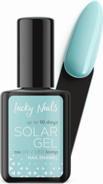 Front butelki miętowego lakieru Lacky Nails Solar Gel bez UV/LED, obok próbnik koloru na czarno.