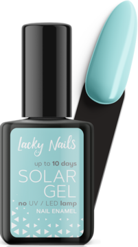 Miętowy lakier Lacky Nails Solar Gel w czarnej butelce, obok swatch. Trwałość do 10 dni, bez lampy UV.