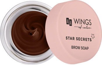 Otwarte, brązowe mydło do brwi AA Wings of Color Star Secrets w okrągłym słoiczku, obok różowa pokrywka z napisem.