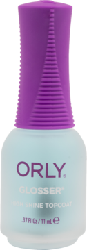 ORLY Glosser High Shine Topcoat w butelce z matowego szkła, fioletowa żebrowana nakrętka, widok z przodu.
