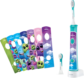 Philips Sonicare For Kids, turkusowa szczoteczka soniczna z 8 arkuszami naklejek i końcówką.