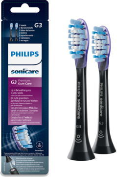 Philips Sonicare G3 Gum Care końcówki do szczoteczki: opakowanie i dwie czarne główki z niebieskim włosiem, widok z przodu.