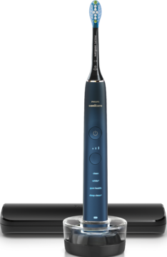 Granatowa szczoteczka soniczna Philips Sonicare DiamondClean 9000, z jasną główką, na podstawce i z etui.