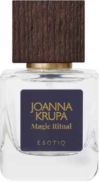 Woda perfumowana Joanna Krupa Magic Ritual, szklana butelka z brązowym drewnianym korkiem i złotym napisem.
