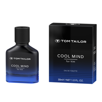 Tom Tailor Cool Mind for Him EDT. Czarna butelka z niebieskim gradientem obok pasującego pudełka, widok z przodu.