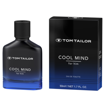 Tom Tailor Cool Mind for Him EDT, granatowa butelka i pudełko z napisem, widok z przodu na ciemnym tle.