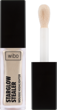 Otwarty złoty rozświetlacz Wibo Starglow Mousse Highlighter z aplikatorem typu 'doe-foot'.