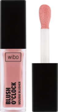 Wibo Blush o'clock róż w płynie nr 1, butelka i wyjęty aplikator z różową końcówką na jasnym tle.