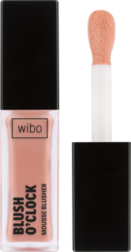 Wibo Blush o'clock Mousse Blusher, przezroczysta butelka z płynnym różem w odcieniu brzoskwiniowym. Widoczny aplikator.