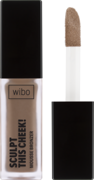 Wibo Sculpt brązowy bronzer w płynie #2, przezroczysta butelka z czarną nakrętką, z boku wyjęty aplikator.