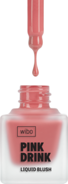 Wibo Pink Drink Liquid Blush w matowej szklanej butelce, z różową cieczą i kroplą spływającą z pipetki.