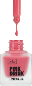 Róż w płynie Wibo Pink Drink w matowej butelce, aplikator z kroplą ponad otwartą szyjką butelki.