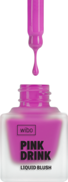 Wibo Pink Drink Liquid Blush w szklanej butelce, różowa ciecz, z aplikatorem i opadającą kroplą.