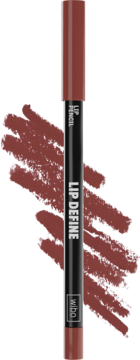 Czerwonobrązowa konturówka do ust Wibo Lip Define z napisem Lip Pencil, widok z boku z próbkami koloru.