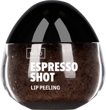 Wibo Espresso Shot lip peeling. Przezroczysty, okrągły słoik z czarną pokrywką, ciemnobrązowy, ziarnisty peeling.