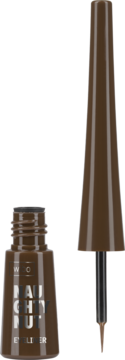 Wibo Naughty Nut brązowy eyeliner z precyzyjnym pędzelkiem, stojący obok otwartej buteleczki.