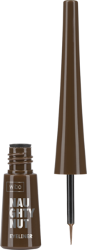 Wibo Naughty Nut brązowy eyeliner z precyzyjnym pędzelkiem, otwarte opakowanie obok aplikatora.