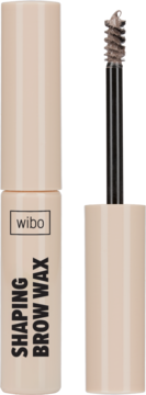 Wibo Shaping Brow Wax w beżowej tubce z brązową szczoteczką, widok z otwartym aplikatorem obok opakowania.