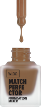 Zbliżenie na Wibo Match Perfector Foundation Mixer, brązowy płyn w butelce, kropla spada z pipety.