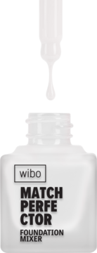 Biały rozjaśniacz Wibo Match Perfector Foundation Mixer w butelce z pipetą i kroplą płynu.