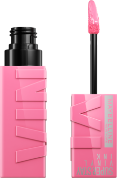 Maybelline Super Stay Vinyl Ink w jaskrawym różu, otwarta. Aplikator z błyszczącą pomadką. Widok z przodu.