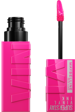 Jaskrawo różowa pomadka Maybelline Super Stay Vinyl Ink z wyjętym aplikatorem, ukazująca winylowe wykończenie.