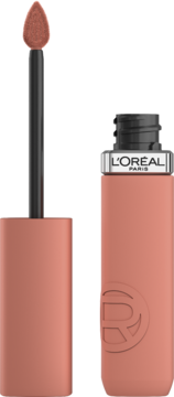 Beżowa matowa pomadka L'Oréal Paris Infaillible Matte Resistance Worth It, aplikator obok butelki.
