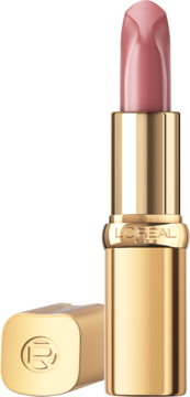 Pionowo stojąca otwarta pomadka L'Oréal Paris Color Riche Nudes of Worth 601, z jasnoróżową szminką i złotą skuwką obok.
