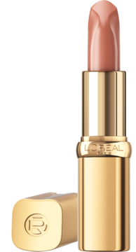 Satynowa pomadka L'Oréal Color Riche Nudes of Worth nr 635, złota obudowa, beżowy sztyft. Widok z przodu.