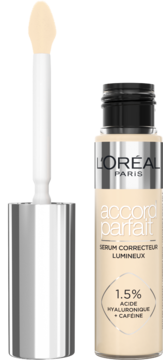 L'Oréal Paris Accord Parfait rozświetlający korektor-serum, jasny beż, butelka z wyjętym aplikatorem.