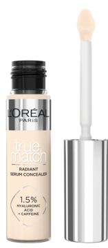 Korektor L'Oréal True Match Radiant Serum Concealer, jasny beż, butelka z wyjętym aplikatorem, kwas hialuronowy.