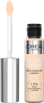 L'Oréal Accord Parfait Serum Correcteur Lumineux, beżowy korektor z aplikatorem obok, widok z przodu.