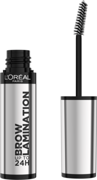 L'Oréal Paris Infaillible 24H Brow Lamination, srebrna tubka i otwarty aplikator-szczoteczka na szarym tle.