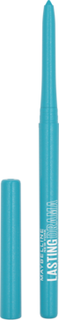 Automatyczna kredka do oczu Maybelline Lasting Drama w turkusowym kolorze, z odłożoną skuwką, widok z przodu.