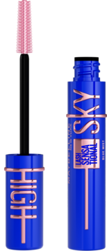 Otwarty tusz Maybelline Lash Sensational Sky High Blue Mist, niebieska tubka, różowa szczoteczka.
