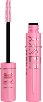 Maybelline Lash Sensational Sky High Pink Air tusz w różowej tubie, otwarty z widoczną szczoteczką.