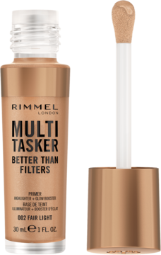 Rimmel Multi Tasker Better Than Filters 002 Fair Light w brązowej butelce i aplikator z produktem obok.