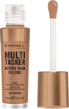 Rimmel Multi Tasker Better Than Filters 005 Medium, brązowa butelka z wyjętym aplikatorem glow boostera.