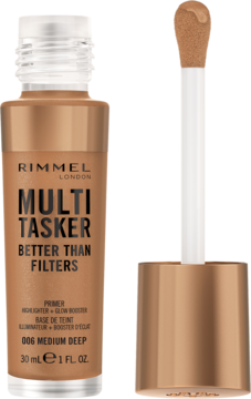 Rimmel Multi Tasker Better Than Filters, brązowa butelka podkładu 3w1, z boku widoczny aplikator z beżowym produktem.