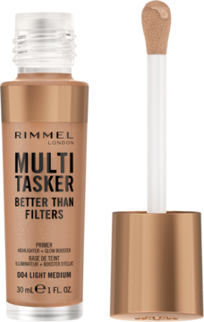 Rimmel Multi Tasker Better Than Filters 004 Light Medium, brązowy kosmetyk 3w1, z aplikatorem wyjętym z butelki.