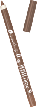 Brązowa kredka do ust Lovely Perfect Line nr 9, z otwartą skuwką, widoczny napis i ikony ust.