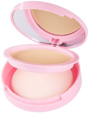 Otwarty różowy kompakt podkładu Lovely Authentic Fit 04N caramel, z lusterkiem i gąbeczką.
