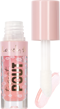 Błyszczyk Lovely Pout! w przezroczystej butelce z brokatem, otwarty, z aplikatorem i smugą różowego produktu.