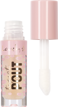 Błyszczyk powiększający usta Lovely Pout! w jasnozłotym kolorze, z różową nakrętką i aplikatorem obok.