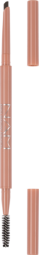 Kredka do brwi NAM Pro Brow 02 Cool Dark Brown, beżowa, z wysuwanym rysikiem i szczoteczką. Obok dwie nasadki.