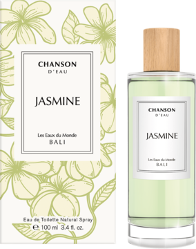 Białe pudełko i szklana butelka Chanson D'Eau Jasmine Bali EDT z zielonym płynem, widok z przodu.
