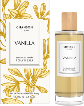 Chanson D'eau Vanilla z Polinezji, woda toaletowa w szklanej butelce z drewnianą nakrętką i pudełko ze złotym wzorem.